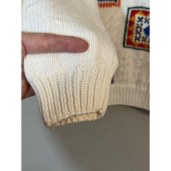 Liz Sport Sweater Women L Cream Patchwork Cable Knit Granny Festive Classic 80s - Picture 9 of 12